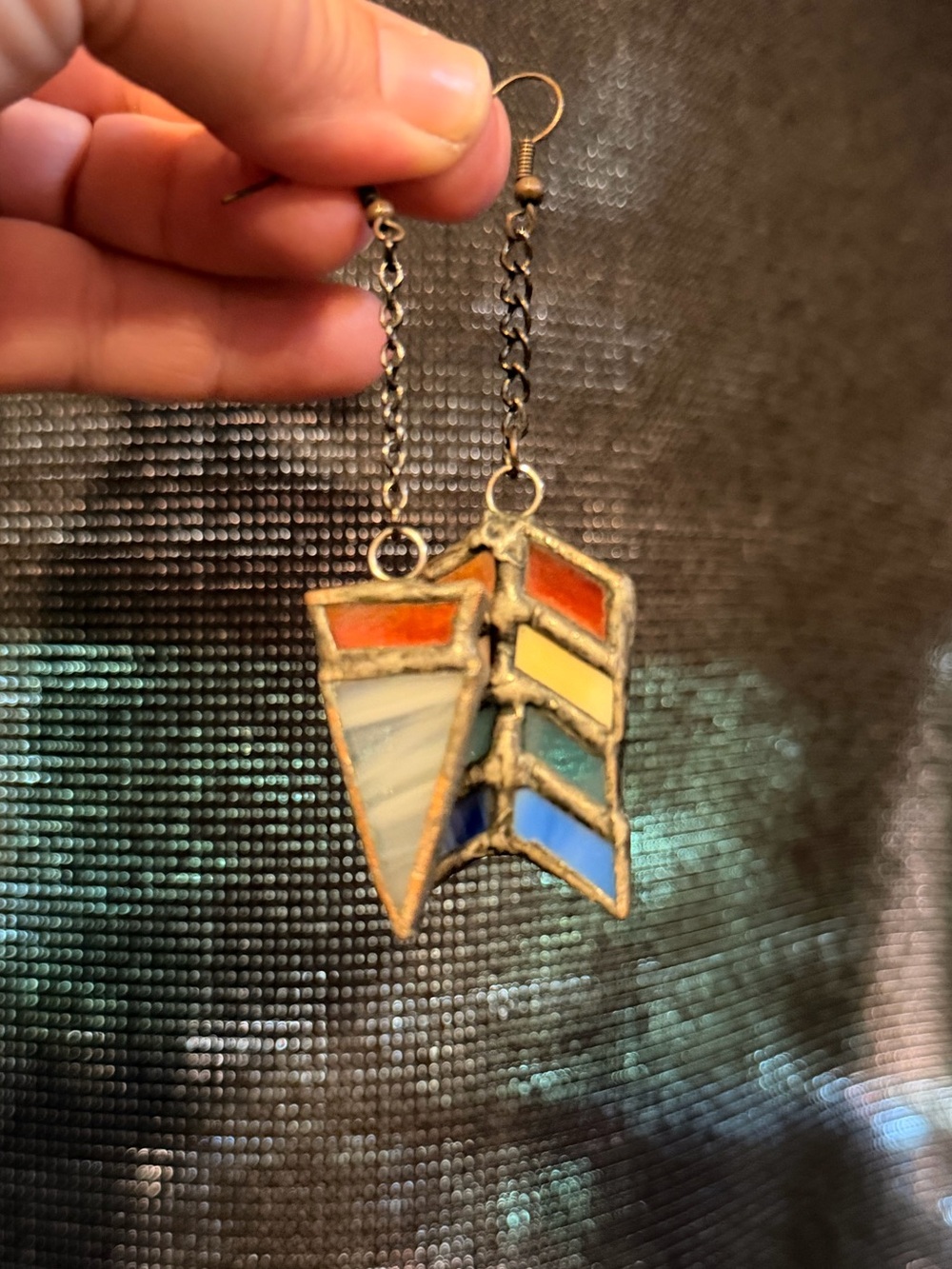 Stained Glass Chevron Colorful Earrings HandMade Stainless Hooks 5” Lightweight - Picture 4 of 6